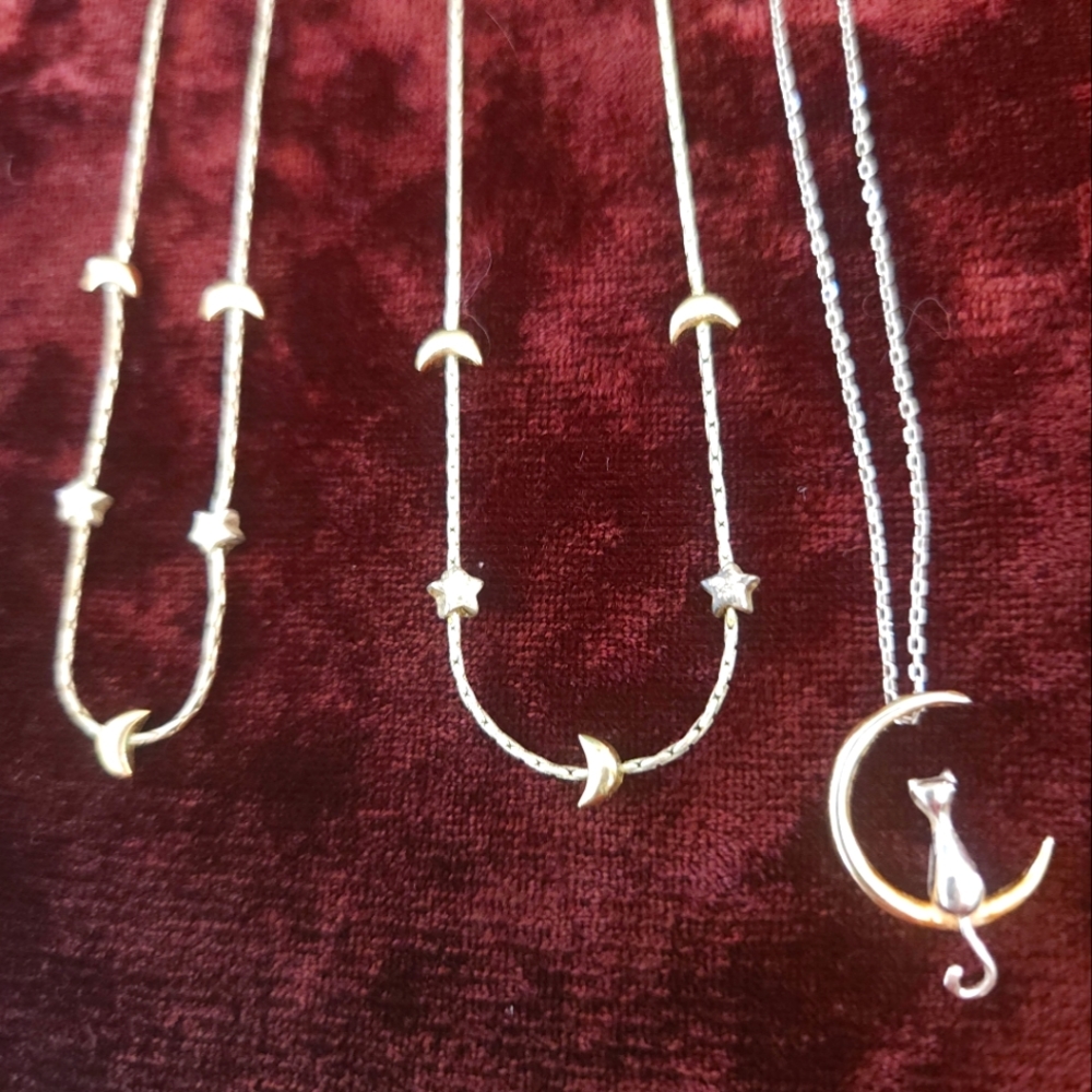 Sterling Celestial Cat Moon and Stars Necklace Set